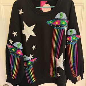 QUEEN OF SPARKLES Black Sweatshirt with Colorful UFO Design
